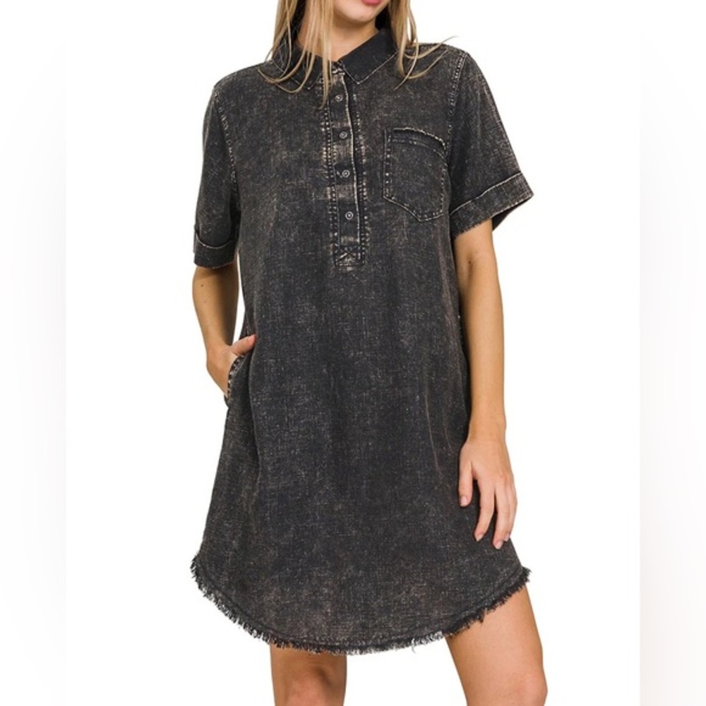 Ash Black Washed Raw Edge Button Front Shirt Dress NEW!